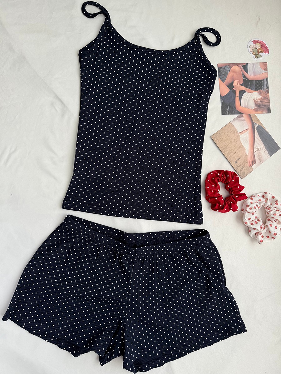 네이비 도트 리브드 반바지 세트 여성 여름 캐주얼 민소 - Tank Top Ribbed 리뷰 및 가격